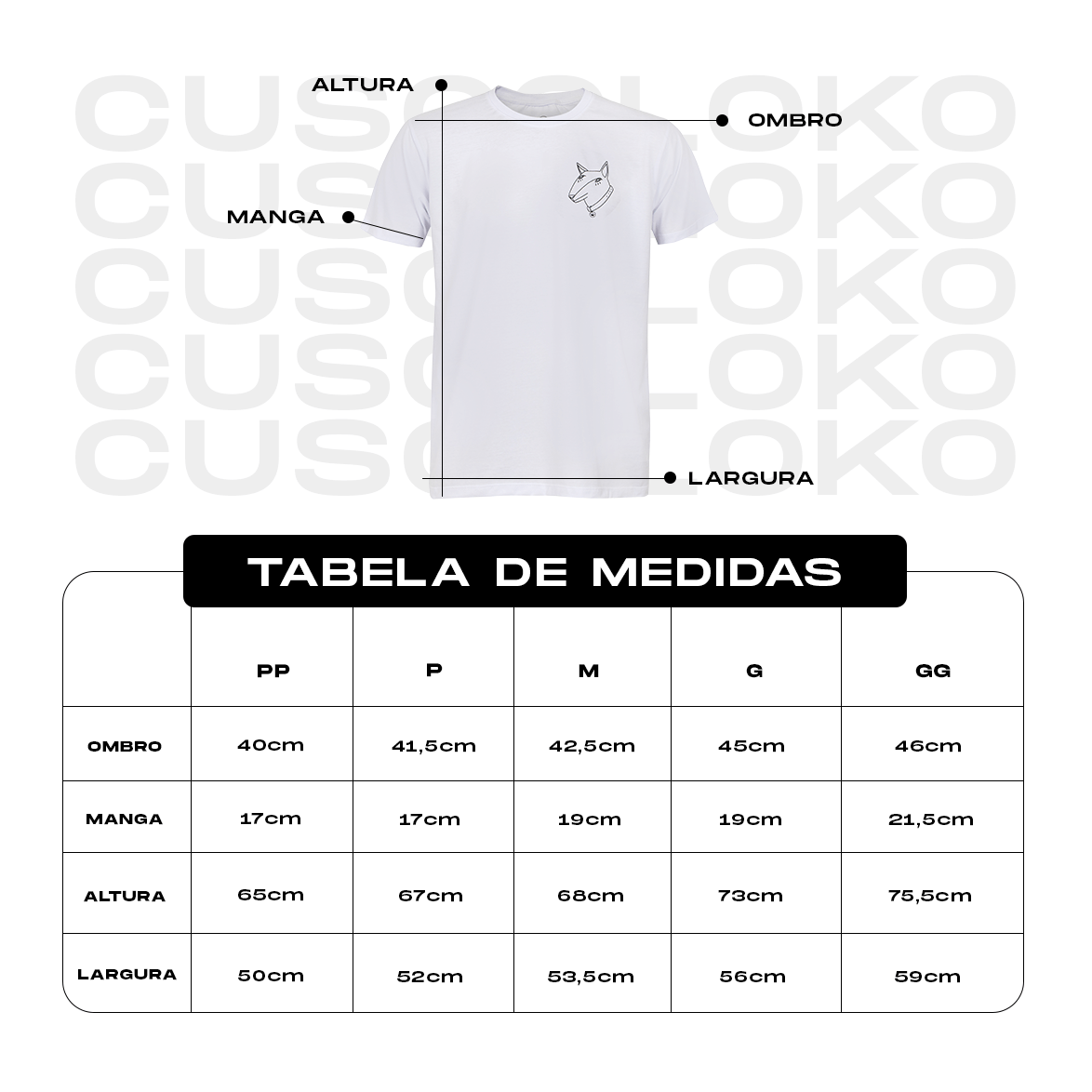 Tabela de medidas - Camiseta
